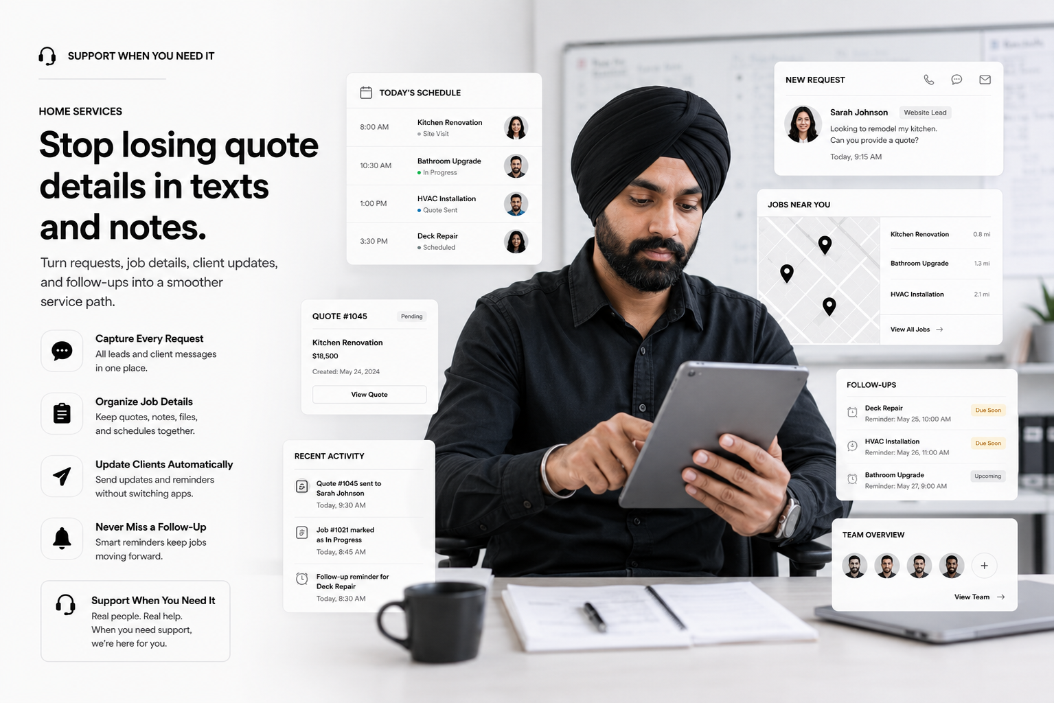 home service business operator organizing quote details job notes and customer follow-up