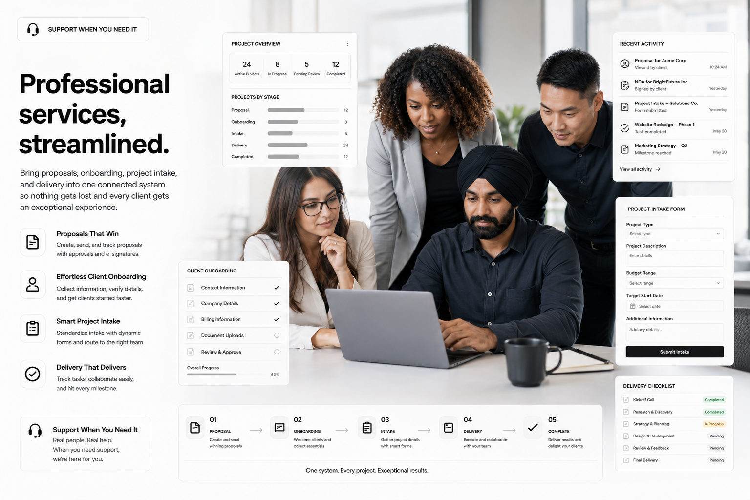 professional services consultant reviewing client onboarding documents proposals and delivery checklists