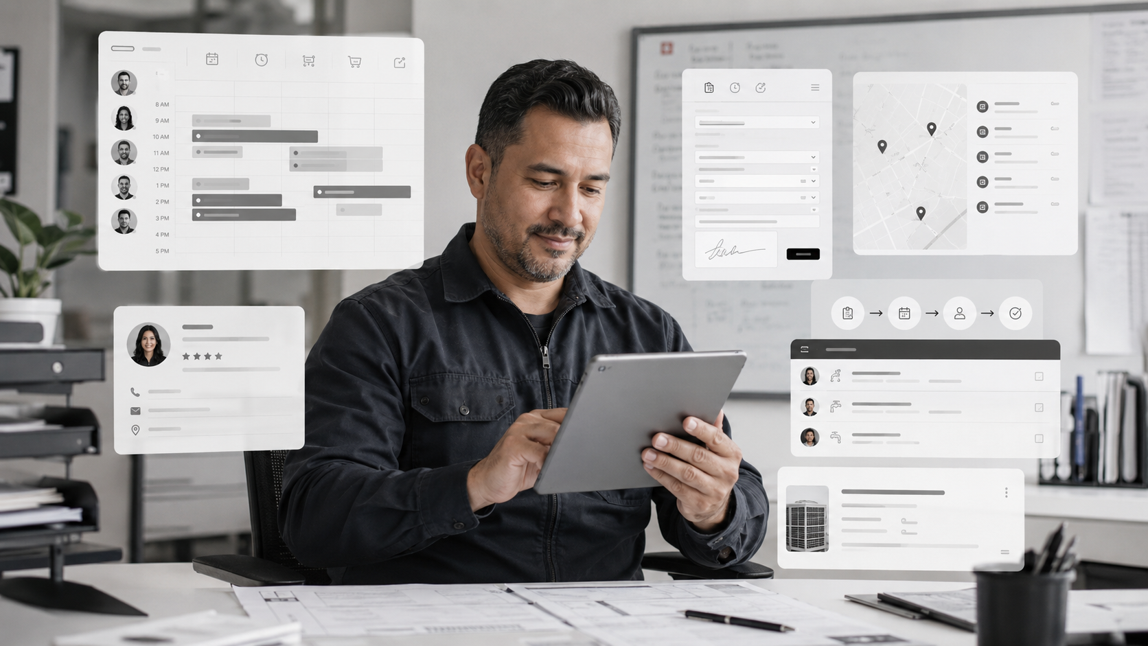service operator using a tablet to connect intake task tracking reviews invoices and customer communication